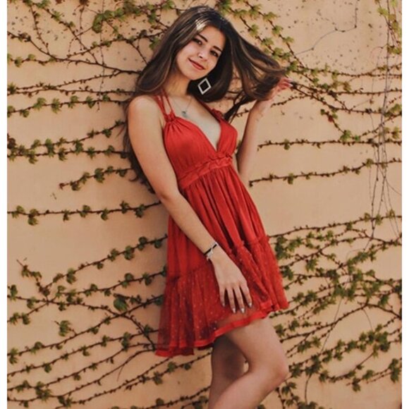Tie back halter mini dress backless lace layered polkadot scarlet orange boho - Picture 1 of 8